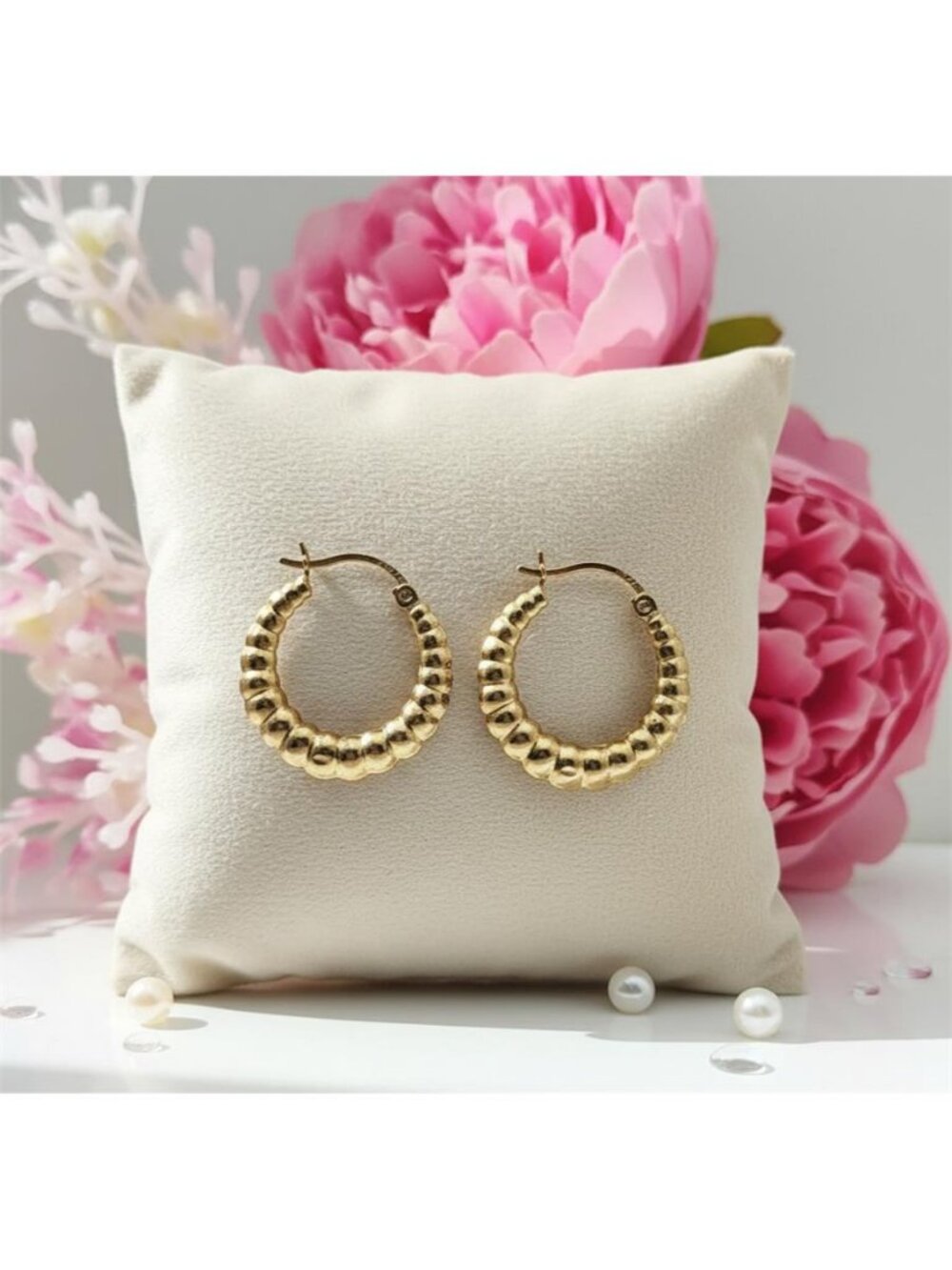 Vintage 10K Gold Creole Hoop Earrings Ribbed Scalloped Hinged 20mm AAJ